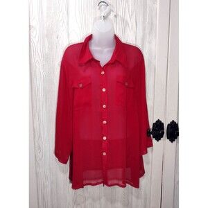 Linea By Louis Dell'Olio Red Sheer Button Front Blouse Size 1X